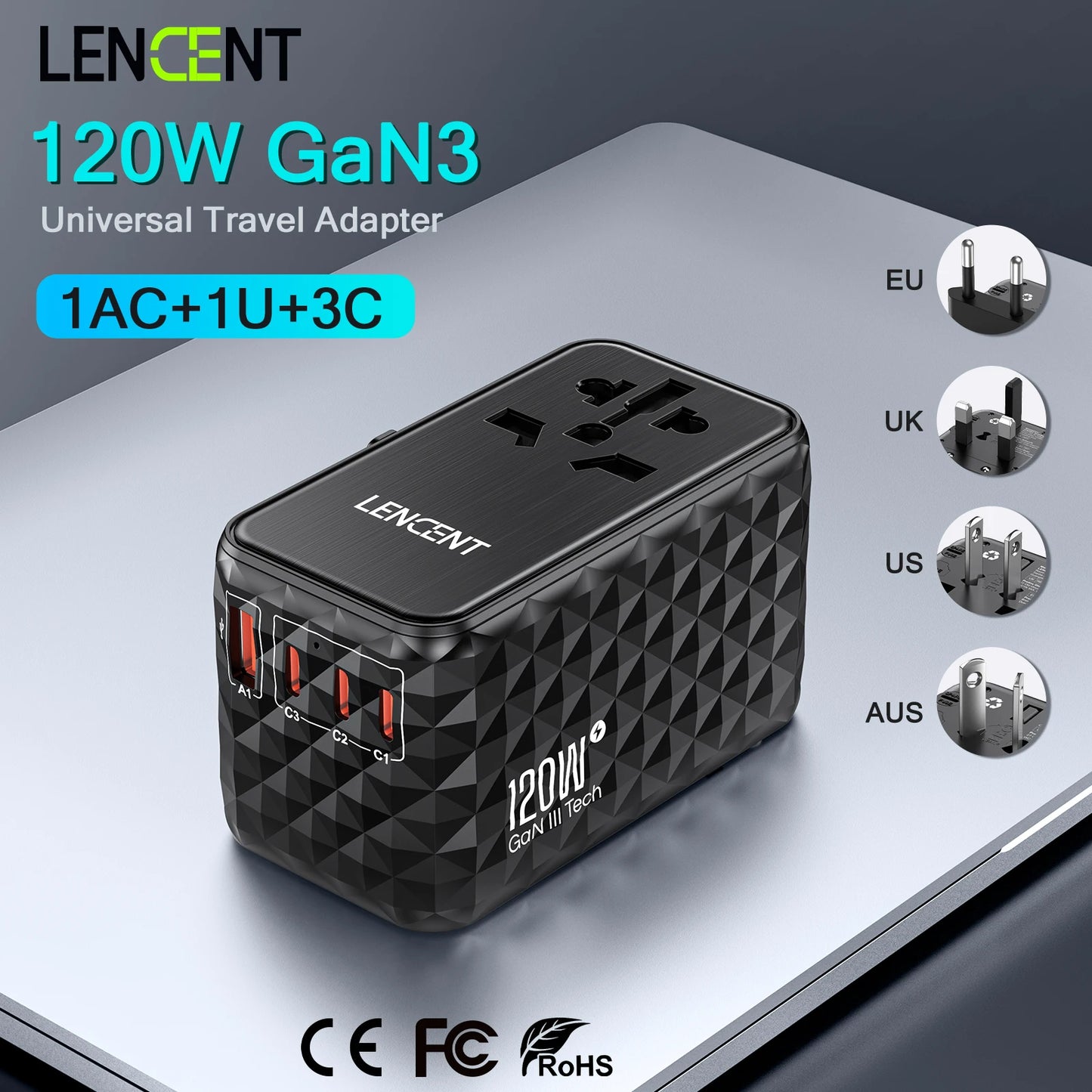 120W International Travel Adapter Fast Charging EU/UK/USA/AUS plug Travel Charger LENCENT - Supersell